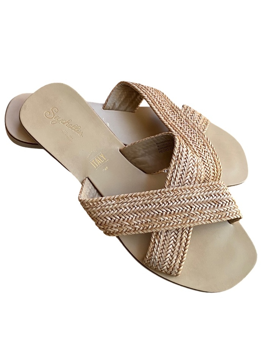 Seychelles Total Relaxation raffia made in Italy tan flat slide sandals size 9.5